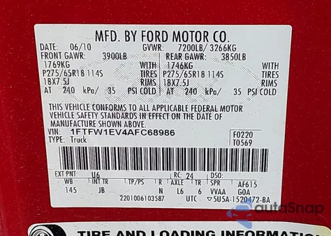 2010 Ford F-150 Fx4/Harley-Davidson/King Ranch/Lariat/Platinum/Xl/Xlt z USA, uszkodzony, nr VIN 1FTFW1EV4AFC68986